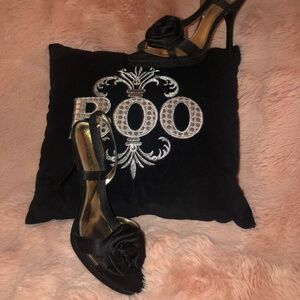 Nina black satin dressy heel with flower detail